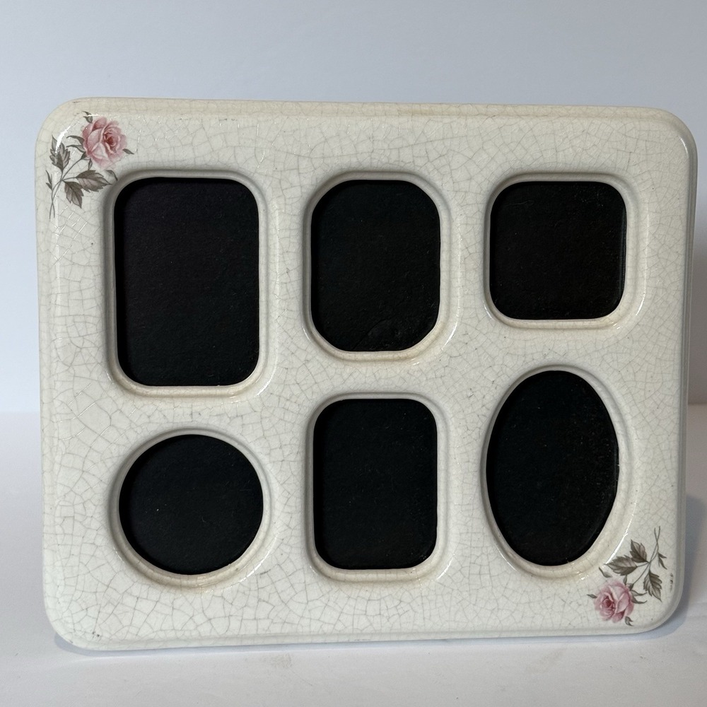 VTG Ceramic Pink Rose Floral Collage Photo Frame Holds 6 Cottagecore 7.5x8.5